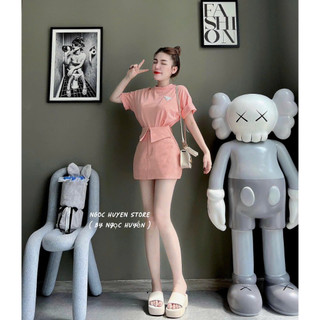 Set bộ áo thun cotton cổ tròn kèm chân váy kaki gập cạp