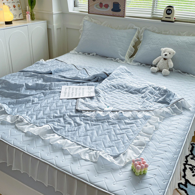 Set chiếu điều hoà ren bèo IGUN BEDDING trần xương cá hot hit kèm chăn thun lạnh