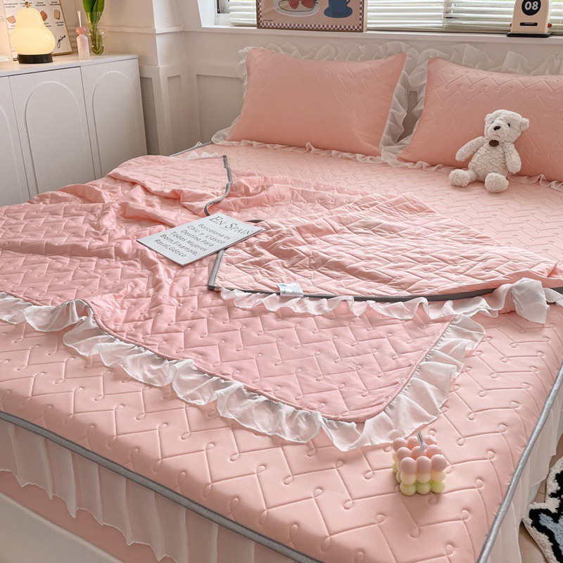 Set chiếu điều hoà ren bèo IGUN BEDDING trần xương cá hot hit kèm chăn thun lạnh