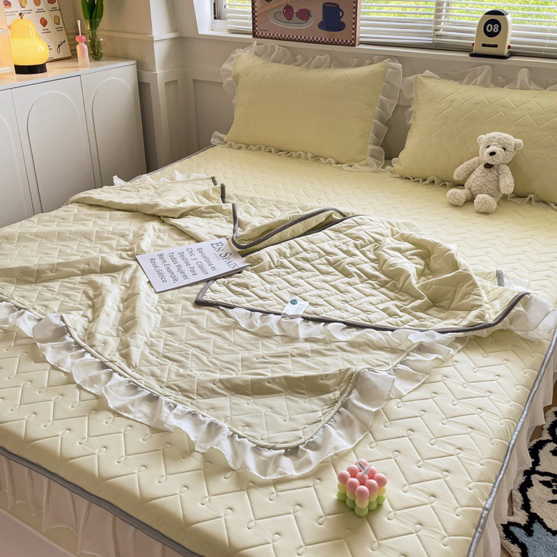 Set chiếu điều hoà ren bèo IGUN BEDDING trần xương cá hot hit kèm chăn thun lạnh