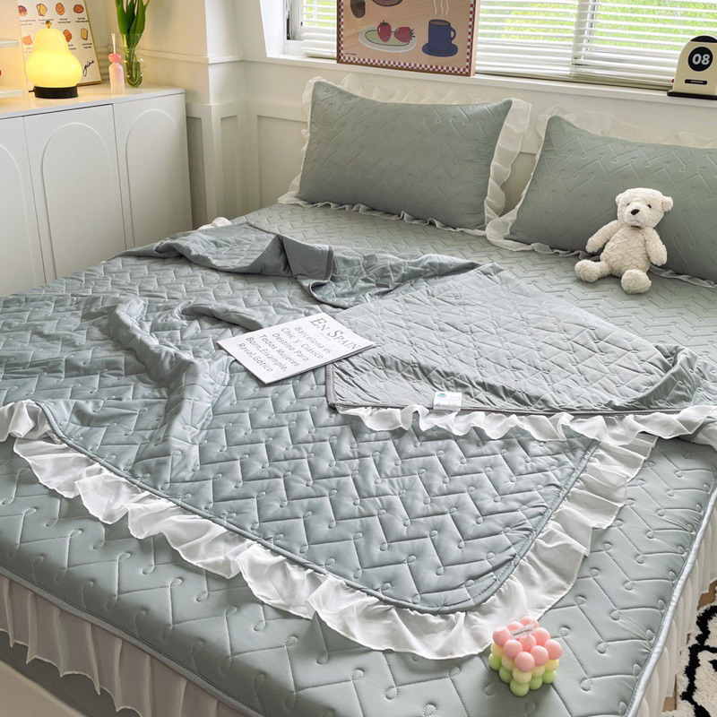 Set chiếu điều hoà ren bèo IGUN BEDDING trần xương cá hot hit kèm chăn thun lạnh