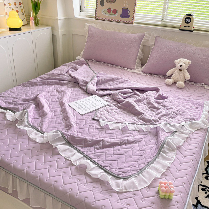 Set chiếu điều hoà ren bèo IGUN BEDDING trần xương cá hot hit kèm chăn thun lạnh