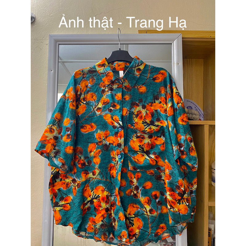 Áo sơmi xanh than hoa cam vintage mẫu mới 2023