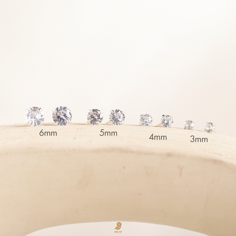 Bông tai nữ nụ đá chuôi bạc ZIRCON CZ 5A tròn 3mm 4mm 5mm NHÀ CÚ đính đá màu bạc nữ tính 148500