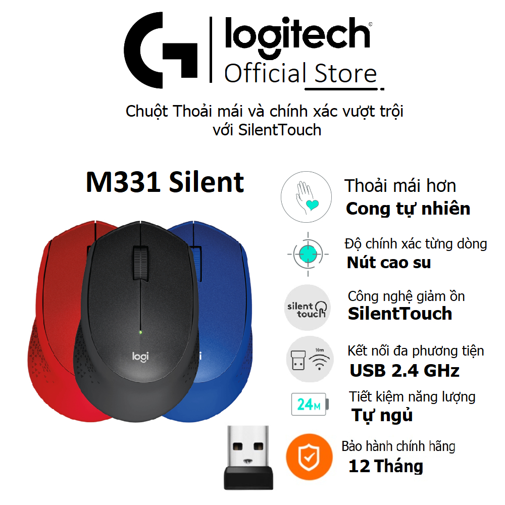 Chuột Logitech M331 Silent Plus – Giảm ồn, Kết nối USB, thuận tay phải, PC/ Laptop