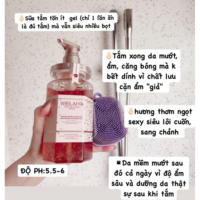 Sữa tắm nước hoa trắng da Weilaiya, tinh chất hoa hồng Damask và hoa trà Niacinamide 450ml, hàng chính hãng