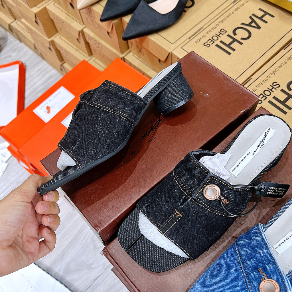 Dép guốc jean quai nút gót cao 3cm hàng QC fulbox 622-6 -  HACHI SHOES