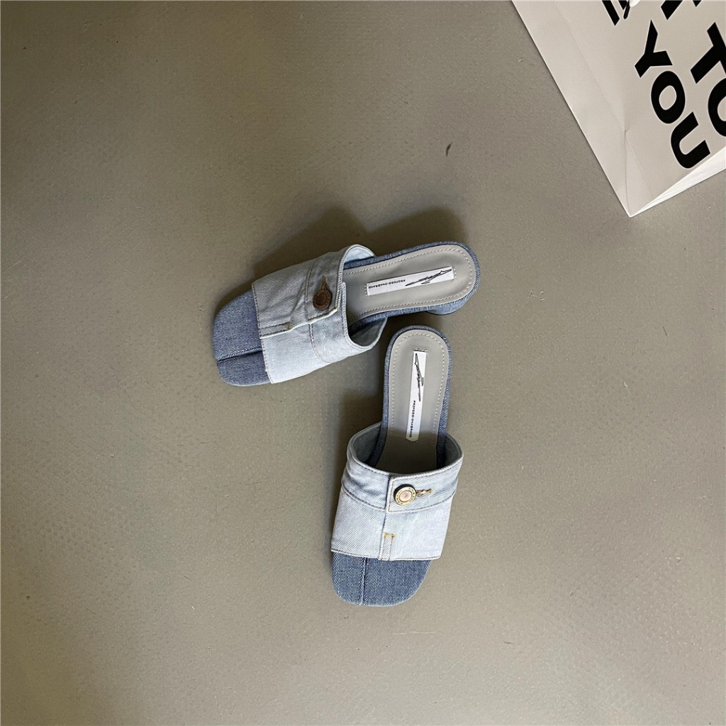 Dép guốc jean quai nút gót cao 3cm hàng QC fulbox 622-6 -  HACHI SHOES