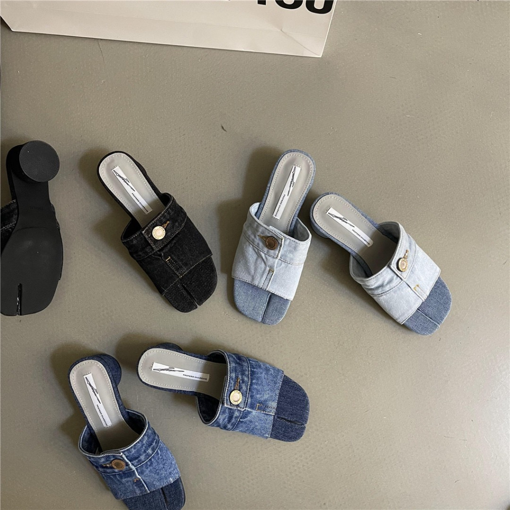 Dép guốc jean quai nút gót cao 3cm hàng QC fulbox 622-6 -  HACHI SHOES