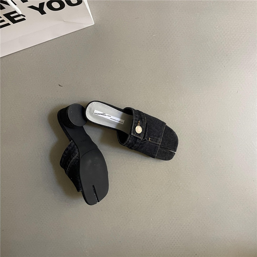 Dép guốc jean quai nút gót cao 3cm hàng QC fulbox 622-6 -  HACHI SHOES