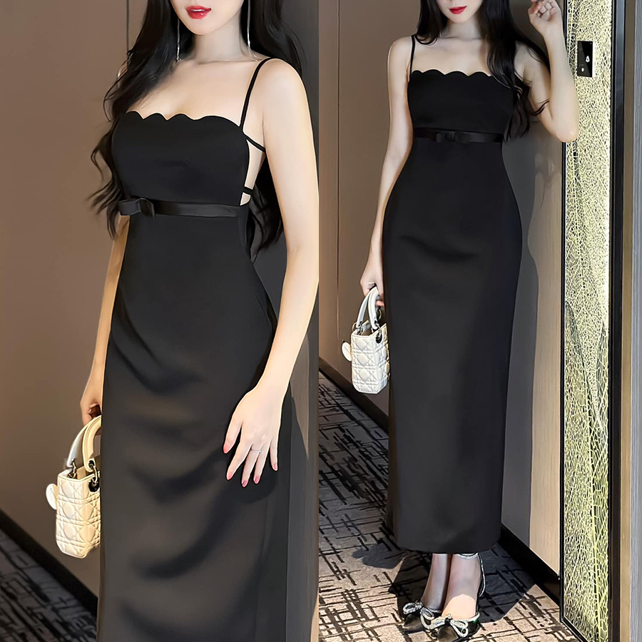 Đầm maxi đen đi tiệc cưới thiết kế hai dây, xẻ tà sang trọng