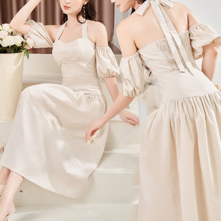 Đầm maxi linen đi biển thiết kế tay phồng, dún thun sau lưng