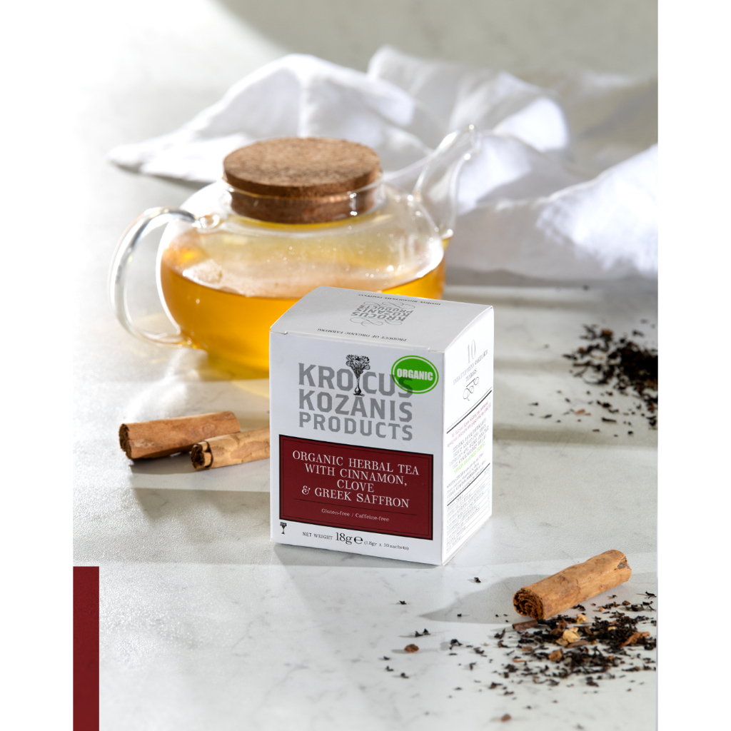 Trà thảo mộc hữu cơ với quế, đinh hương và saffron Hy Lạp nhãn hiệu Krokos Kozanis hộp 18g