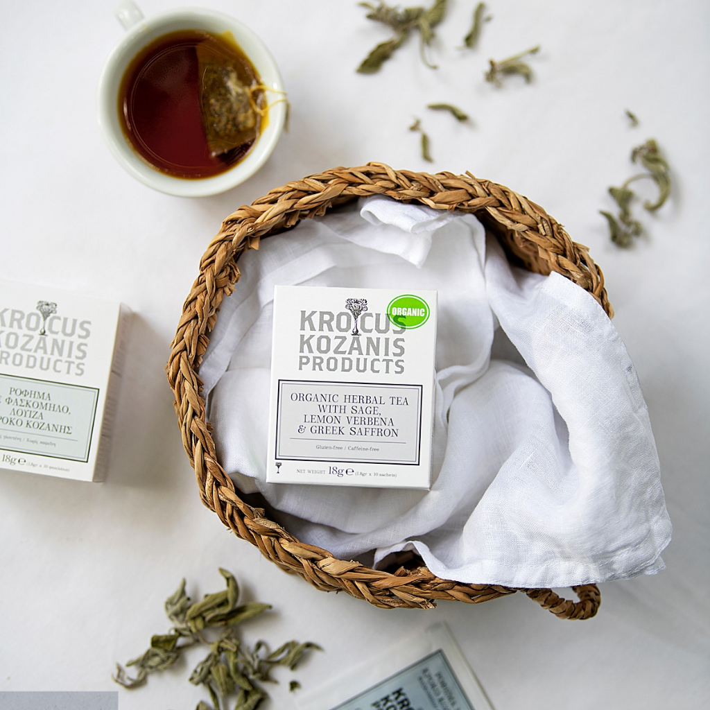 Trà thảo mộc hữu cơ với xô thơm, lemon verbena và saffron Hy Lạp nhãn hiệu Krokos Kozanis hộp 18g