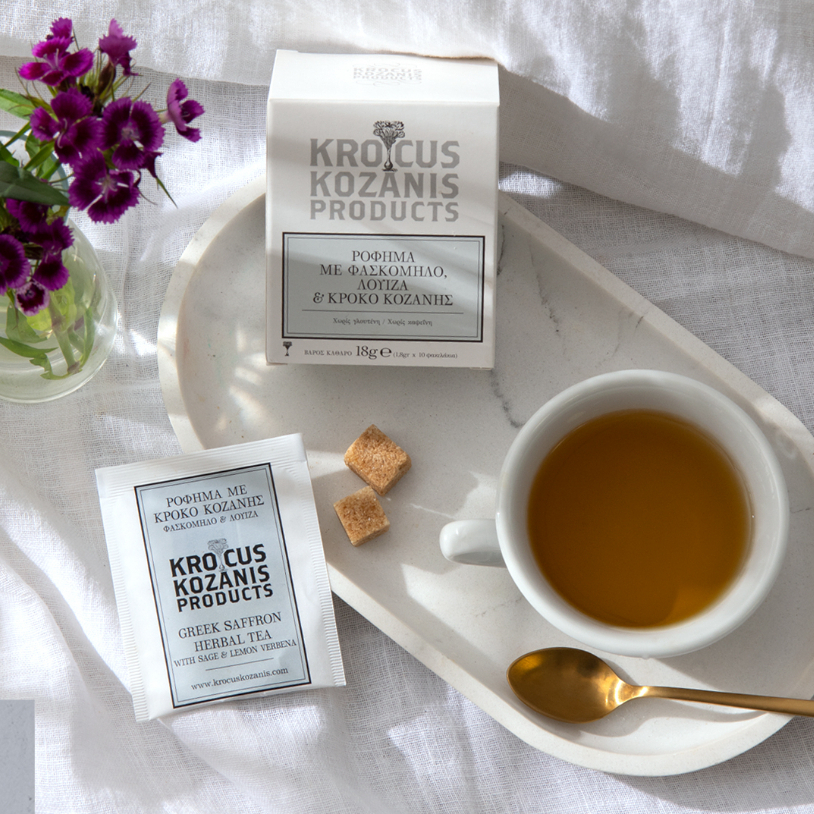 Trà thảo mộc hữu cơ với xô thơm, lemon verbena và saffron Hy Lạp nhãn hiệu Krokos Kozanis hộp 18g