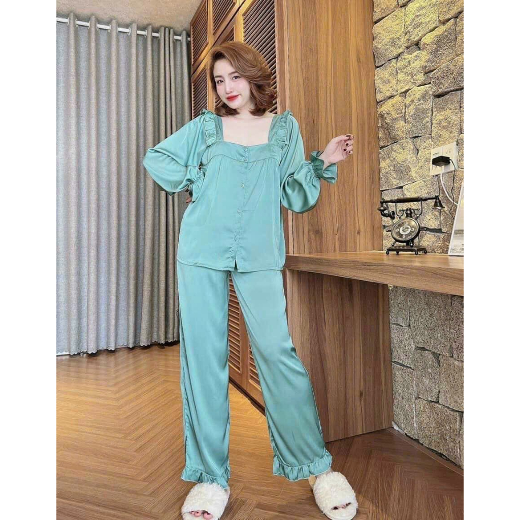 Pijama tay dài cổ vuông bộ đồ ngủ nữ pijama tiểu thư dài tay mặc nhà thu đông