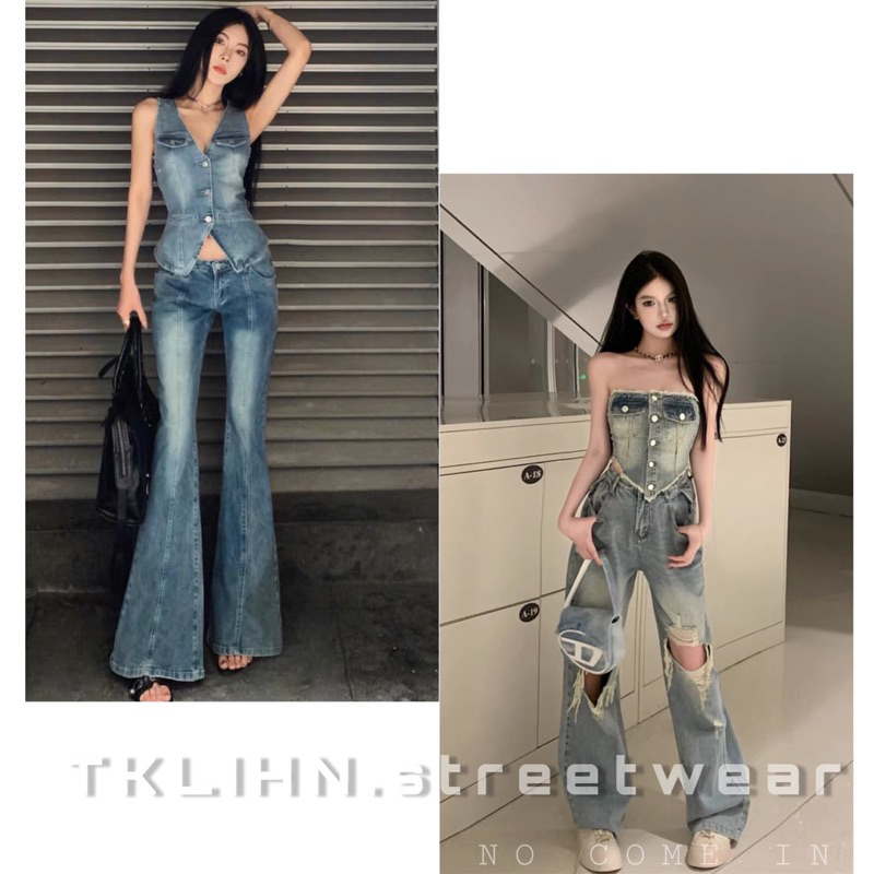 TKLIHN Set áo Gile JEANS + Quần jeans ống loe ULZZANG phong cách sang chảnh hot TREND Denim 2023