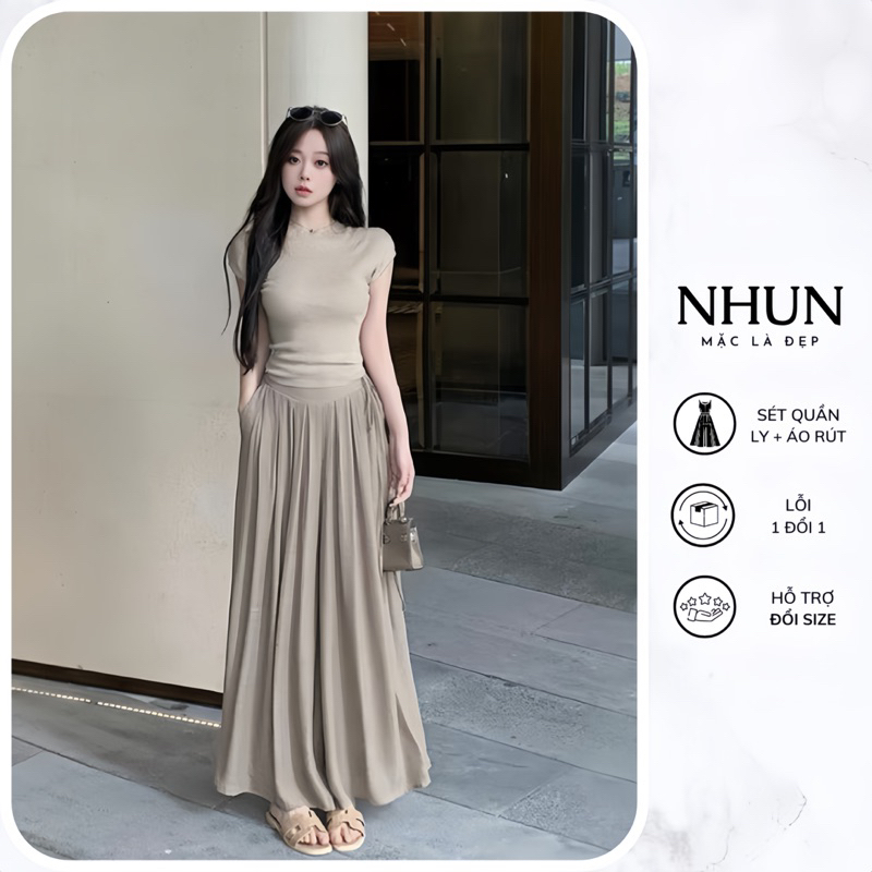 Set Bộ Đồ Nữ Nhunfashion Set Ao Tăm Gân Thiết Kế Dây Rút Buộc Sau Dày Dặn Mix Quần Đũi Ly Xước Giả Váy N121