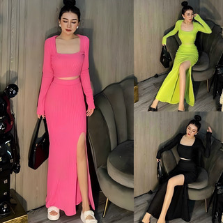 Sét Váy Áo Thiết kế,Áo tay dài cổ U+chân váy đuôi cá xẻ đùi sexy,chất thun gân nhuyễn mềm mại ôm Sát body phong cách Hàn