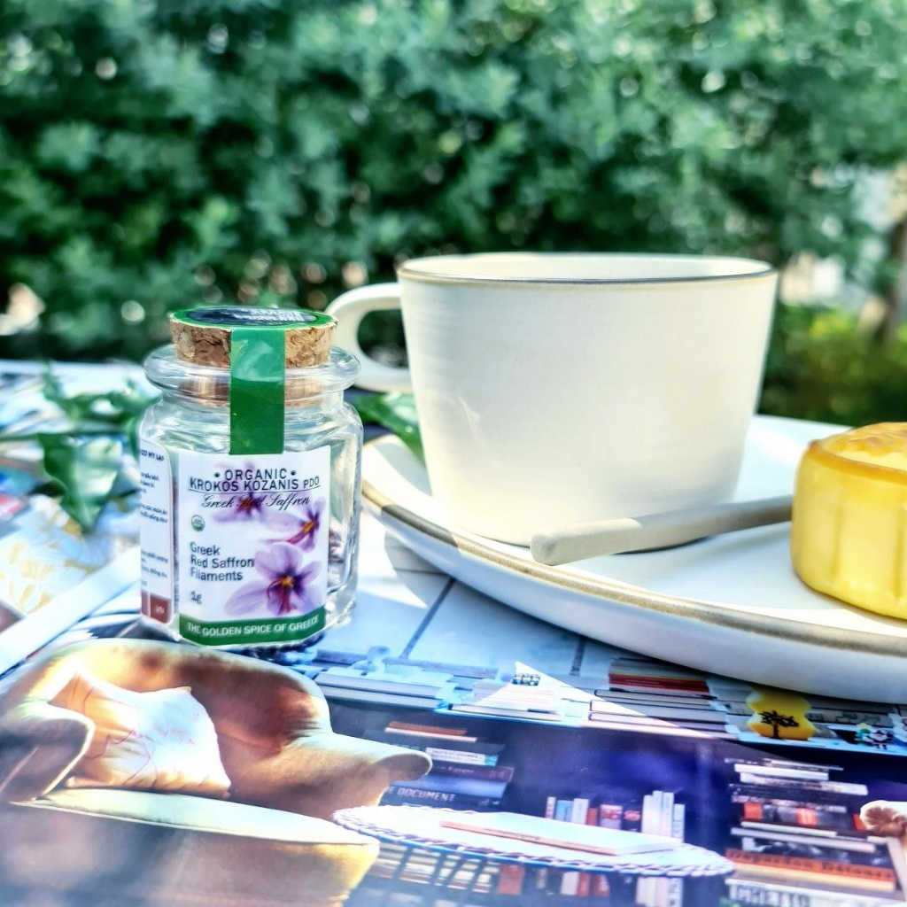 Nhụy Hoa Nghệ Tây Saffron Organic Hy Lạp nhãn hiệu Krokos Kozanis lọ thủy tinh tem xanh 1g