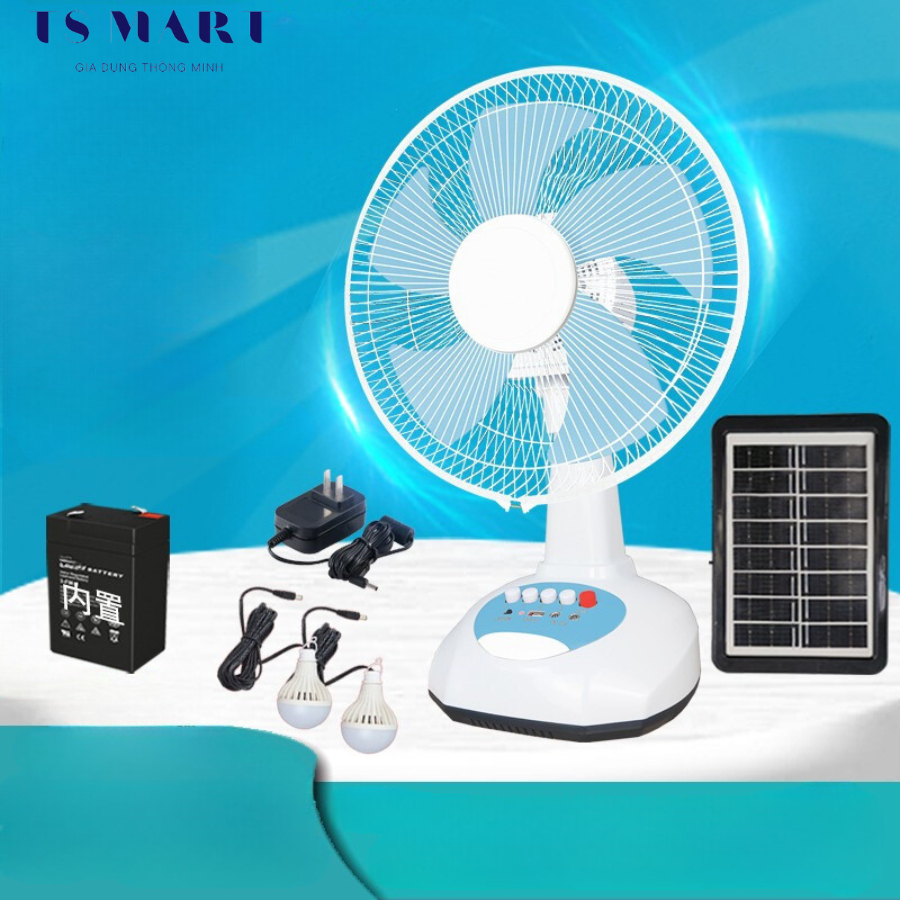 Quạt tích điện cắm sạc năng lượng mặt trời,tặng kèm 2 bóng đèn led,đầu ra USB có thể sạc điện thoại