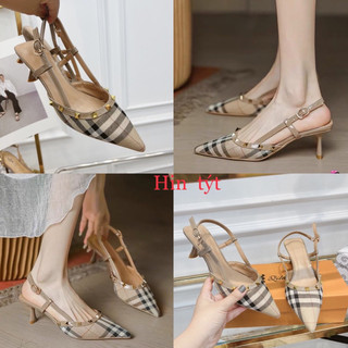 Giày sandal cao gót kẻ mũi nhọn viền đinh hở gót 5cm fullbox
