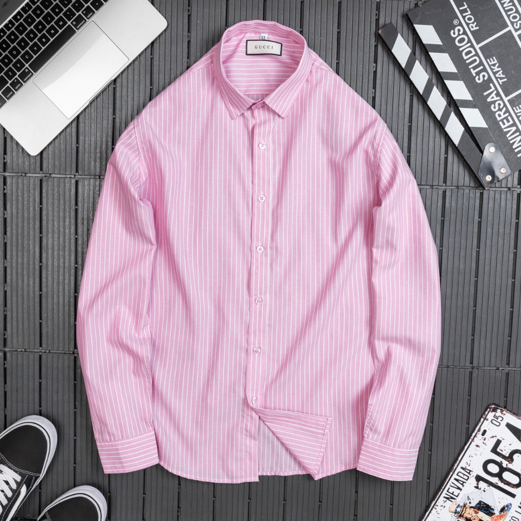 Áo sơ mi nam hồng sọc tay dài GC, vải cotton lụa mềm mại, thoáng mát chống nhăn, form chuẩn đẹp