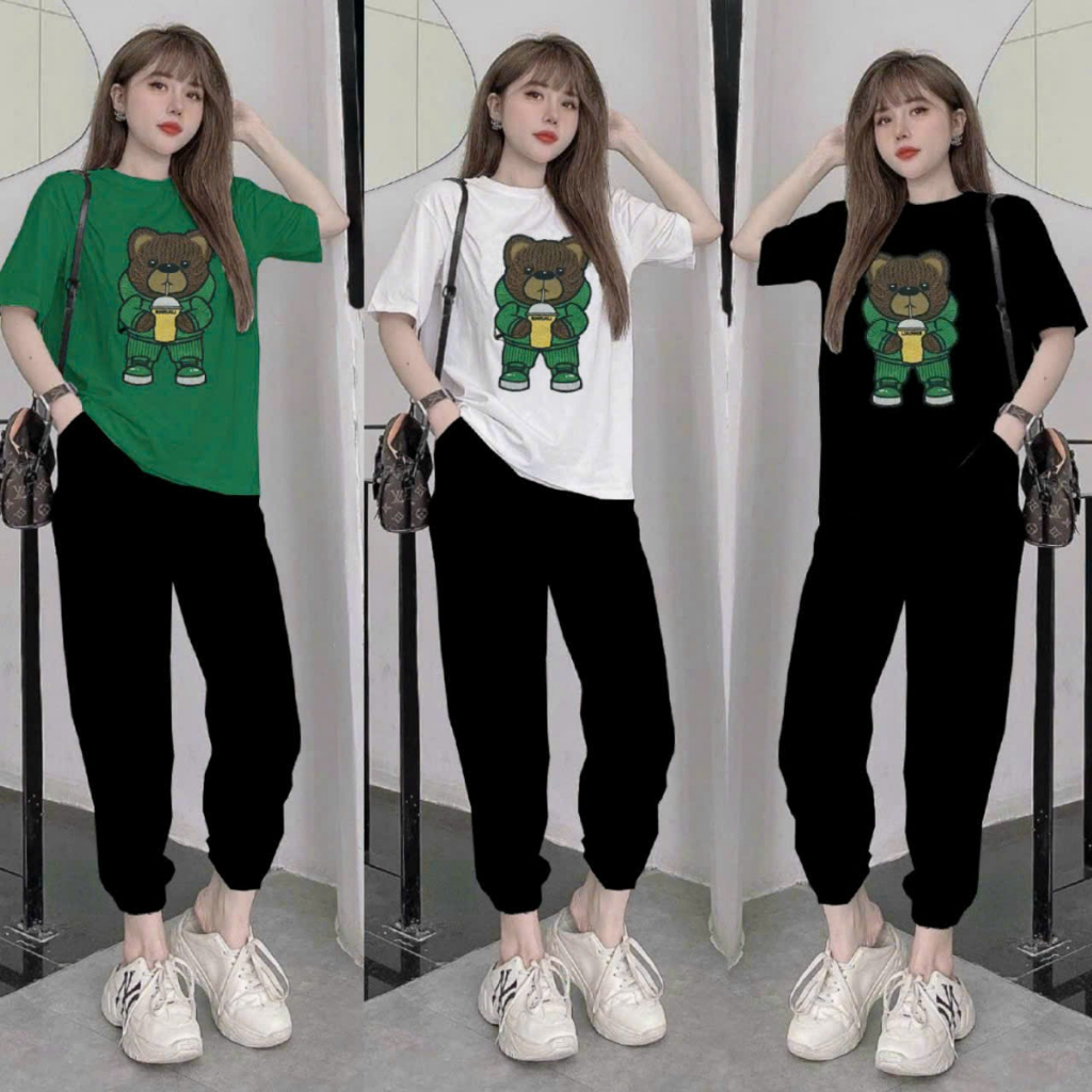 Bộ dài thể thao quần ống bo logo Gấu xanh Quảng châu trẻ trung cá tính fom rộng