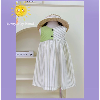 Váy bé gái sát nách Sunny váy cotton lụa phối sọc màu xanh lạ mắt