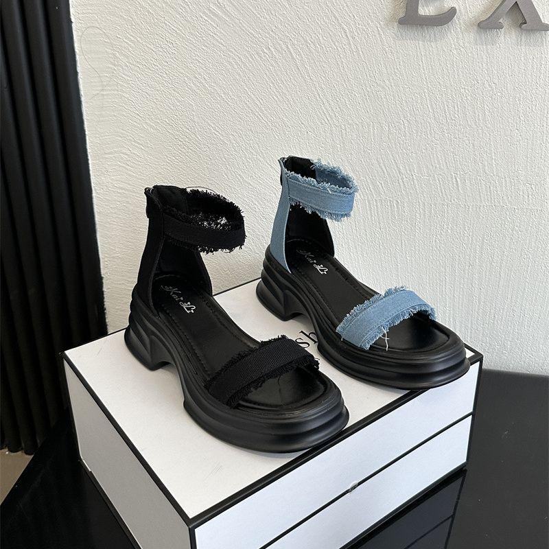 Giày Sandal Chiến Binh Quai Ngang Denim Đế 5 Phân N59, Sandal Nữ