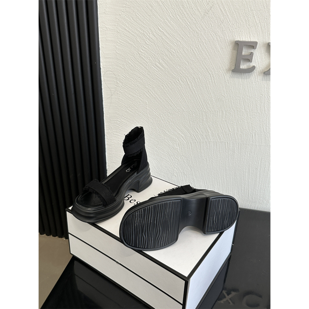 Giày Sandal Chiến Binh Quai Ngang Denim Đế 5 Phân N59, Sandal Nữ