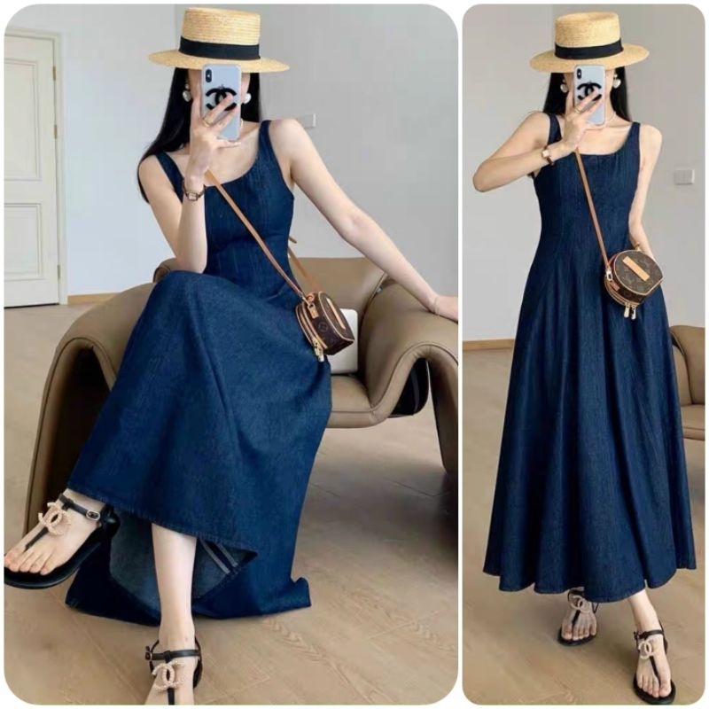 Đầm 2 dây jean mềm có túi bên hông basic tôn dáng