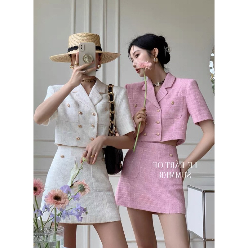Sét dạ tweed cổ vest cộc tay chân váy cá tính ulzzang