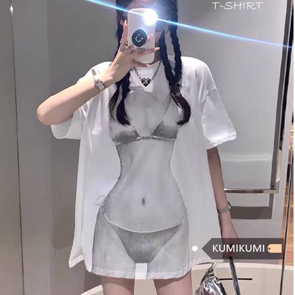 Áo Thun Form Rộng Nữ Hình Dáng Body Bikini Trắng Tay Lỡ