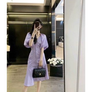 Đầm midi cổ v nút bọc