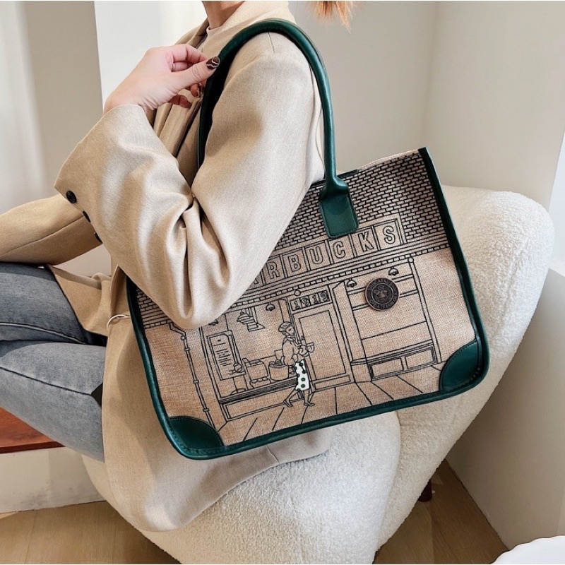 Túi xách tote vải bạt Starbucks. Kỷ niệm 50 năm phong cách retro cho nữ