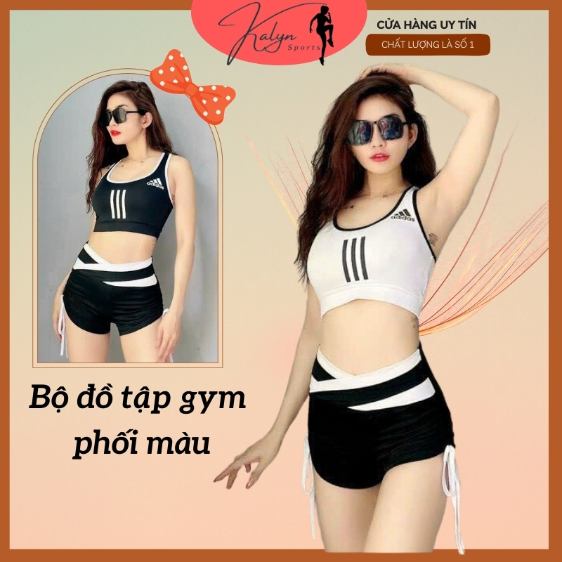 Bộ đồ thể thao nữ, set đồ đi biển nữ áo bra quần short rút dây cạp chéo phối màu chất thun lạnh co giãn