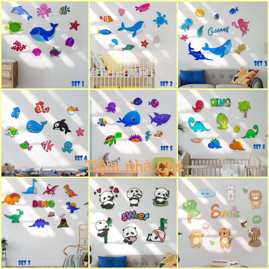 Bộ Tranh Bằng Gỗ Dán Tường Hình Sinh Vật Biển, Khủng Long, Gấu Trúc Panda Trang Trí Phòng Khách, Phòng Ngủ Cho Bé