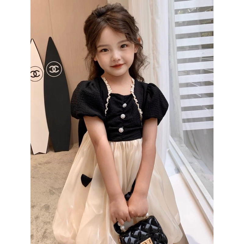 Váy đầm nơ đen tơ óng cho bé gái 10-28kg