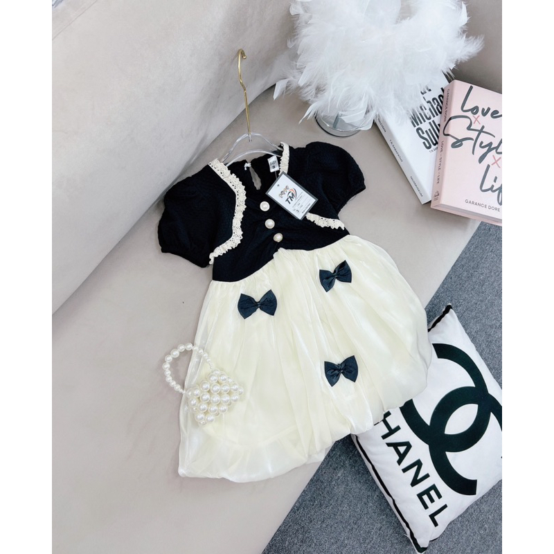 Váy đầm nơ đen tơ óng cho bé gái 10-28kg