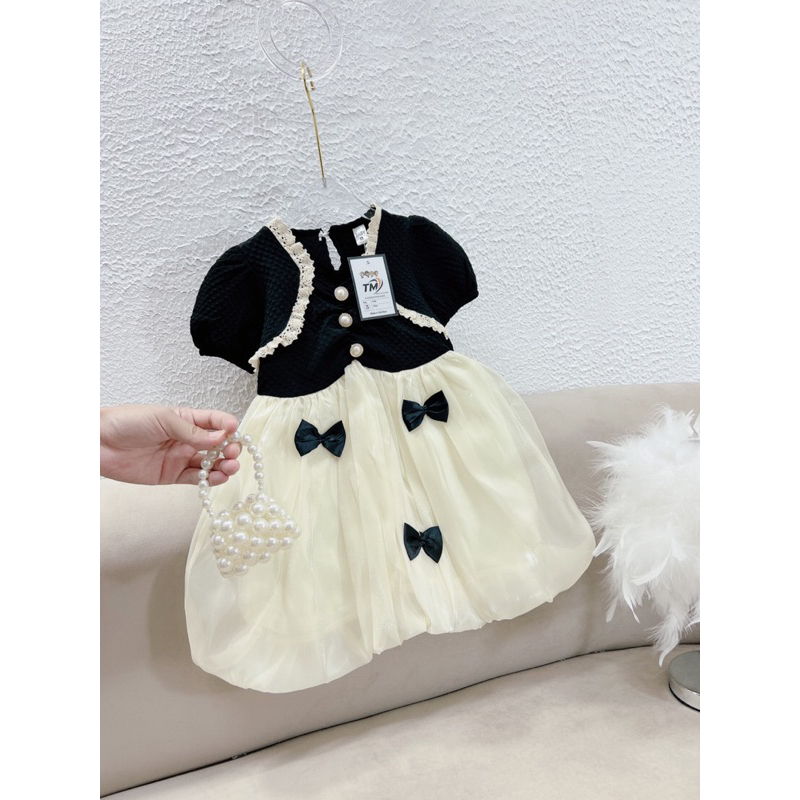 Váy đầm nơ đen tơ óng cho bé gái 10-28kg