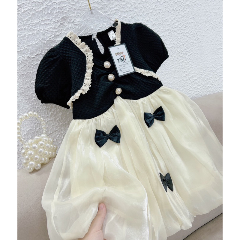 Váy đầm nơ đen tơ óng cho bé gái 10-28kg