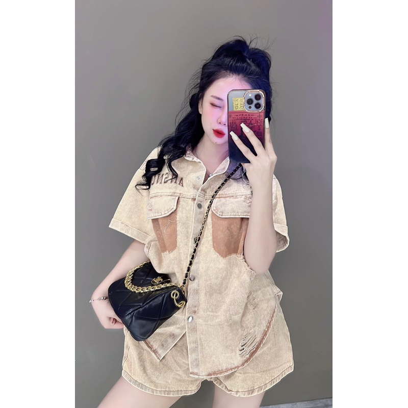 Set Kaki Nâu Wax Áo Sơ Mi Mix Quần Short Đùi THUÝ PIUU BOUTIQUE