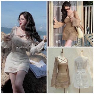 Đầm ren lỗ cổ vuông tay dài dây chéo khoen ngực màu trắng/nâu đi biển/du lịch NÀNG CLOSET