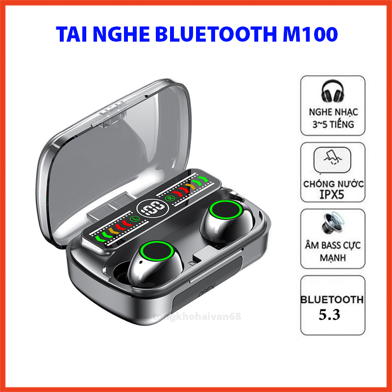 Tai Nghe Bluetooth M100 Pin Trâu 5-6h Bluetooth 5.3 Nghe Nhạc Hay, Âm Bass Mạnh Tích Hợp Sạc Dự Phòng Pin 3000mah