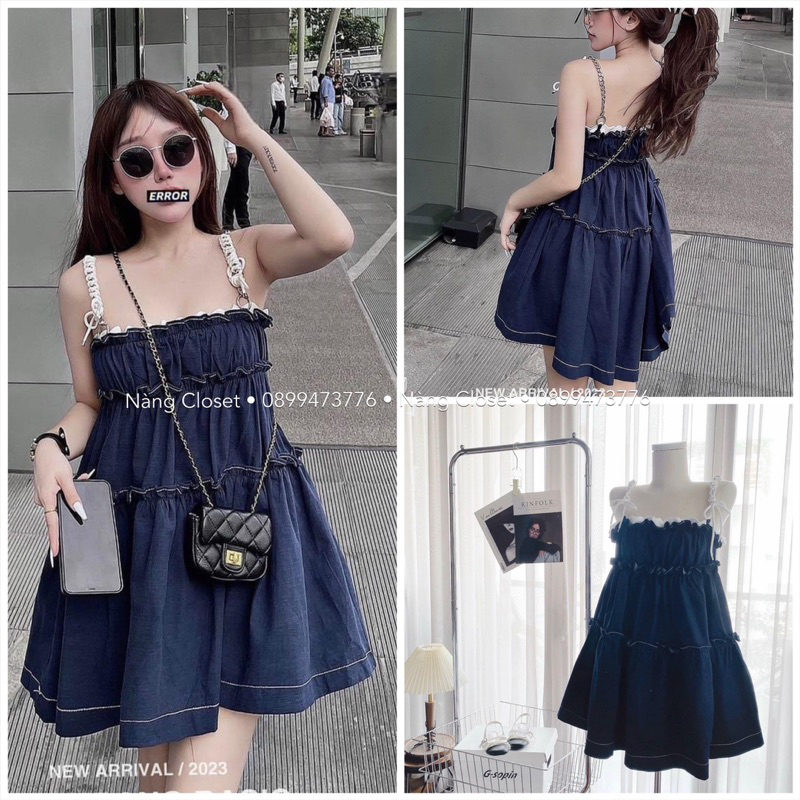 Đầm BBD jeans 2s nhún bèo viền trắng NÀNG CLOSET