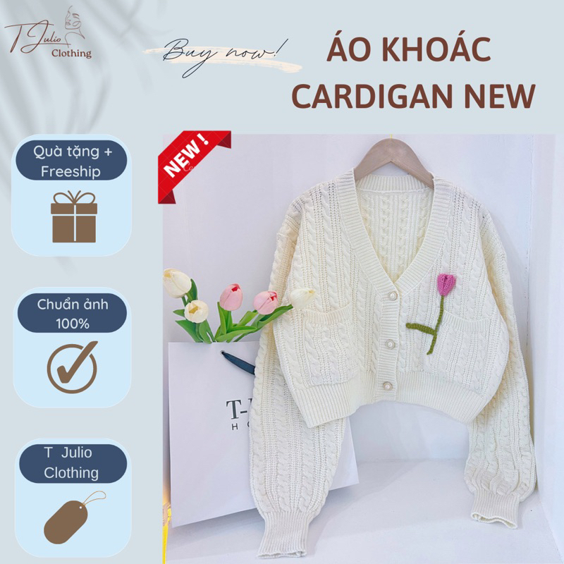 Khoác Cardigan Len Thừng Trắng Móc " Hoa Tulip " Nổi + Nút Ngọc Style Hàn Quốc