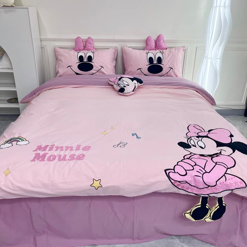 Bộ Chăn Ga Gối Cotton Linen Hoạ Tiết Thêu Hoạt Hình  - Hàng Nhập Khẩu