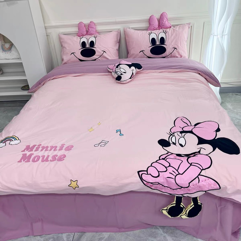 Bộ Chăn Ga Gối Cotton Linen Hoạ Tiết Thêu Hoạt Hình  - Hàng Nhập Khẩu