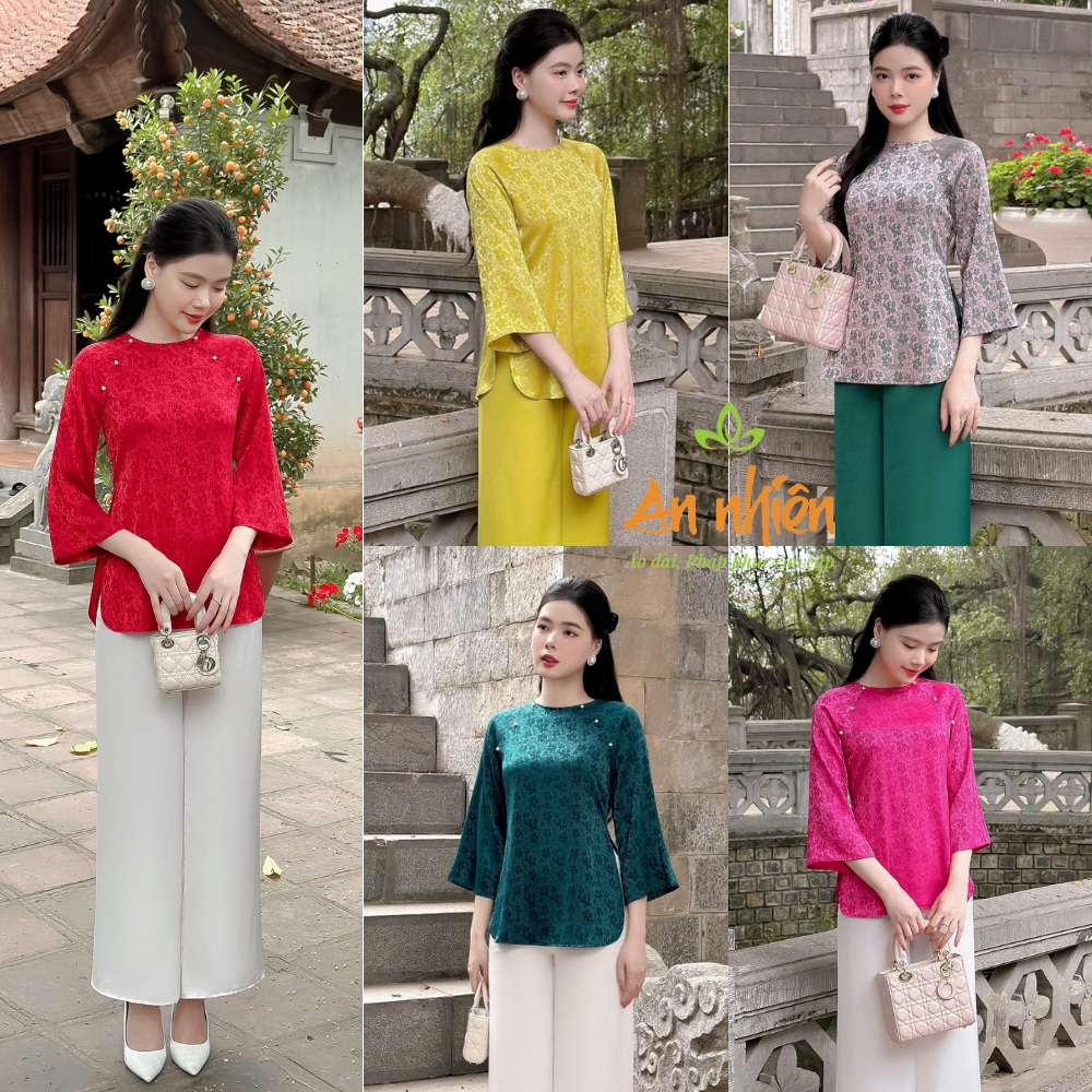 Bộ pháp phục đi lễ chùa dành cho nữ chất liệu gấm cổ tròn đính ngọc hai bên ngực - AN10